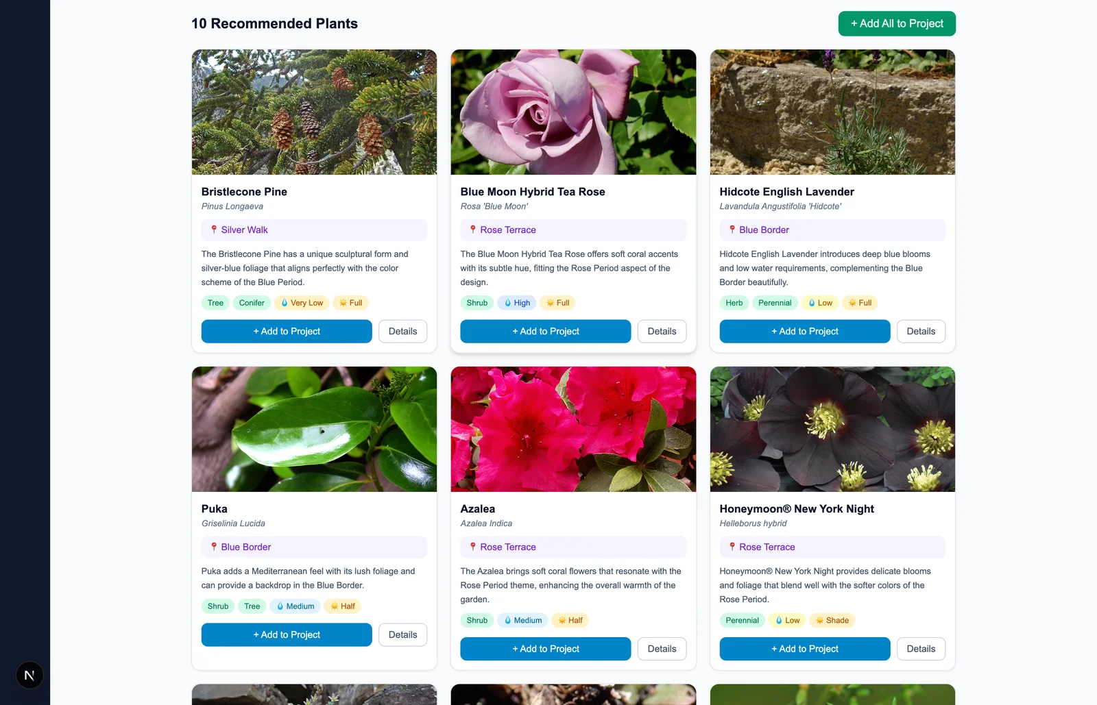 AI plant assistant results showing plant cards recommended for a Picasso color-scheme brief, each assigned to an area