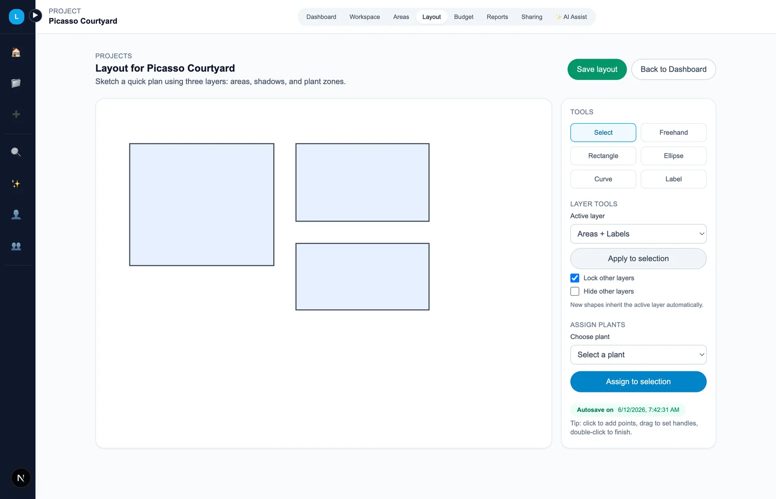 Layout canvas with areas sketched as shapes, plus layers and plant assignment tools