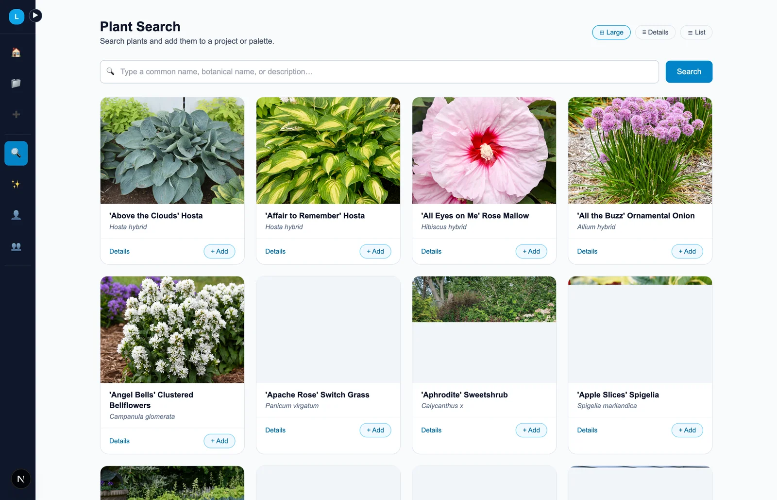 db.garden plant search showing a photo grid of plants with details and add buttons