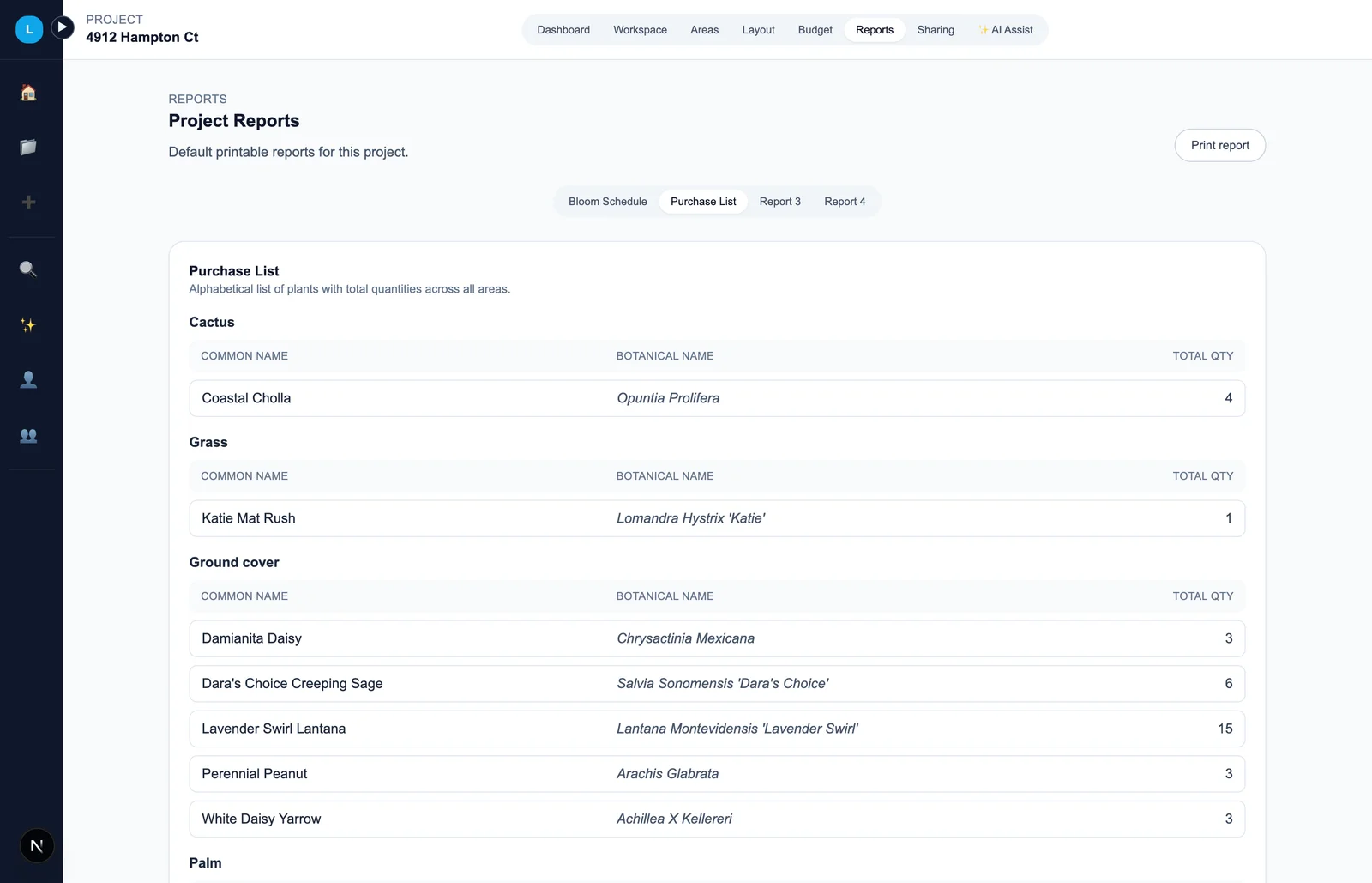 Purchase list report showing plants with botanical names and total quantities, grouped by type